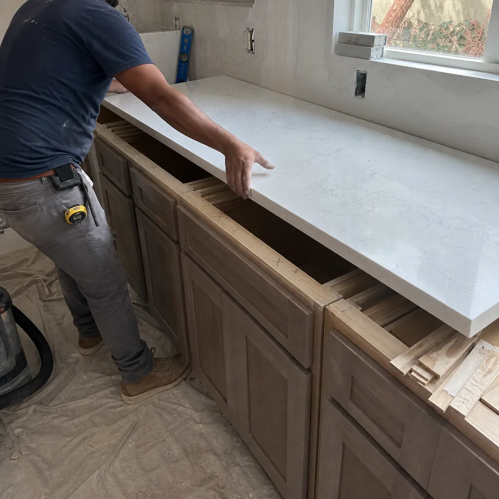 Contractor installing a white quartz countertop on new wooden kitchen cabinets