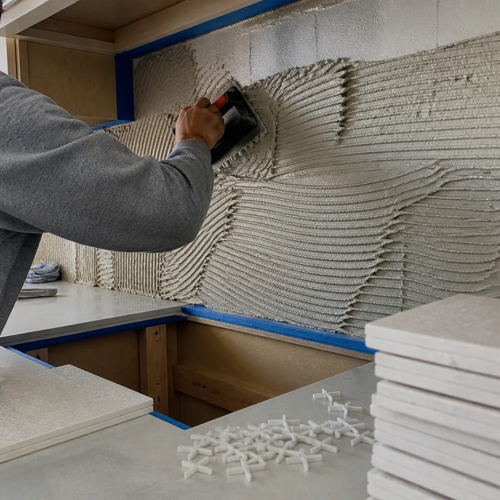 professional applying mortar to kitchen wall with notched trowel for tiling