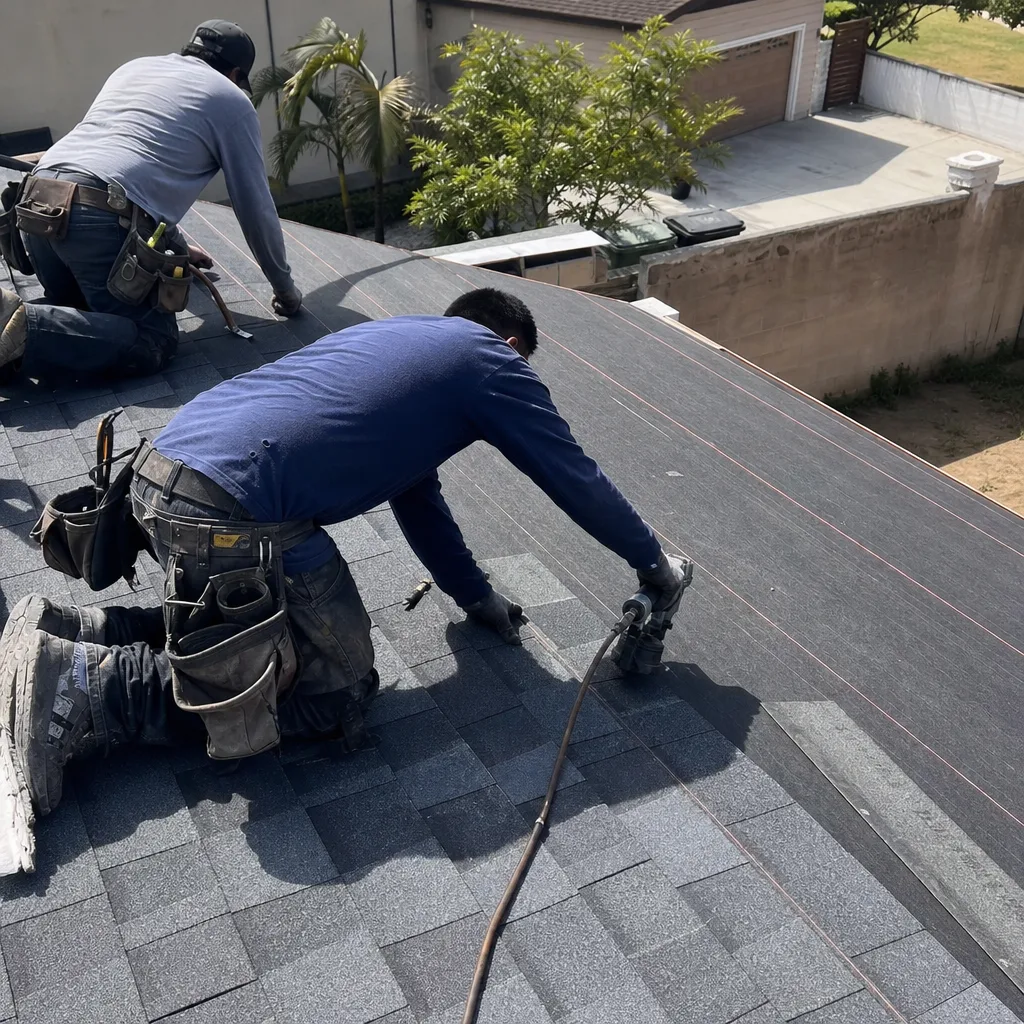 Two professional roofers installing asphalt shingles with a pneumatic nail gun.