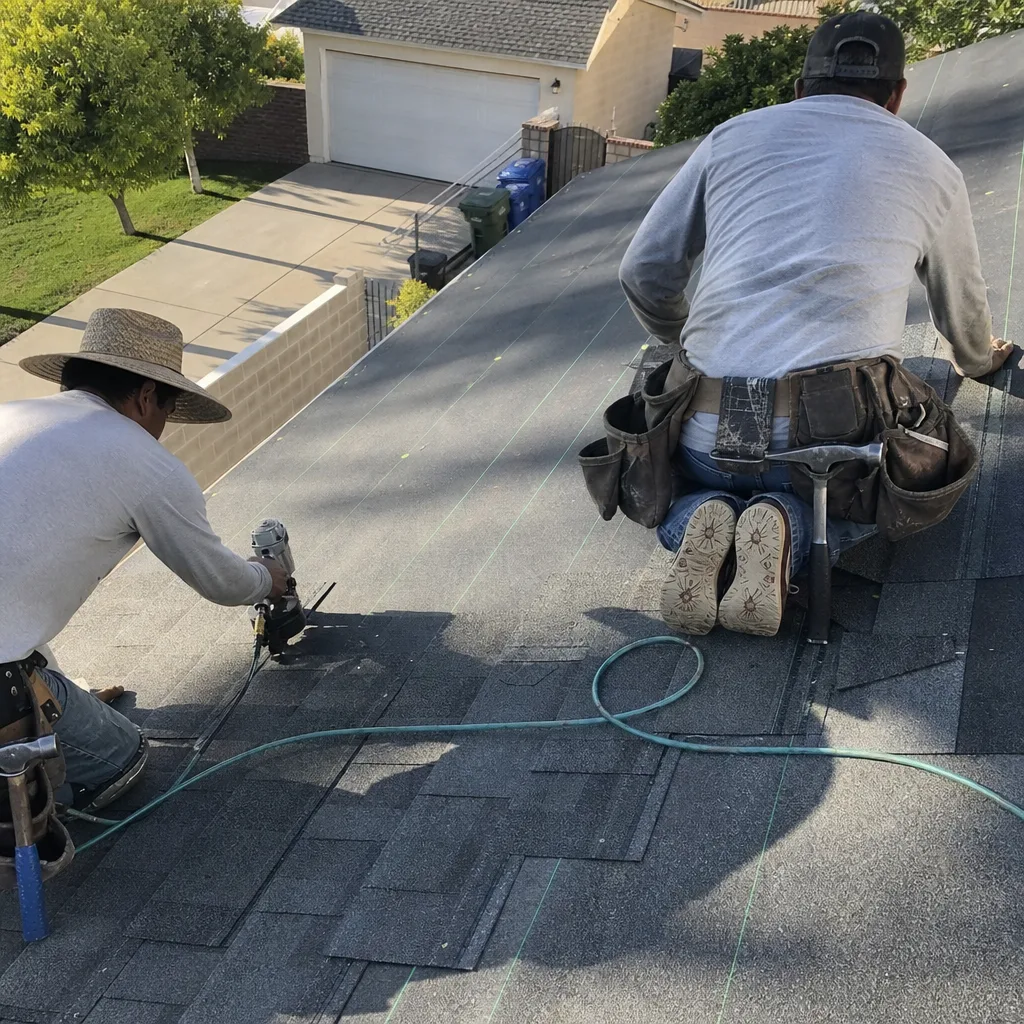 Two professional roofers installing new asphalt shingles on a residential roof
