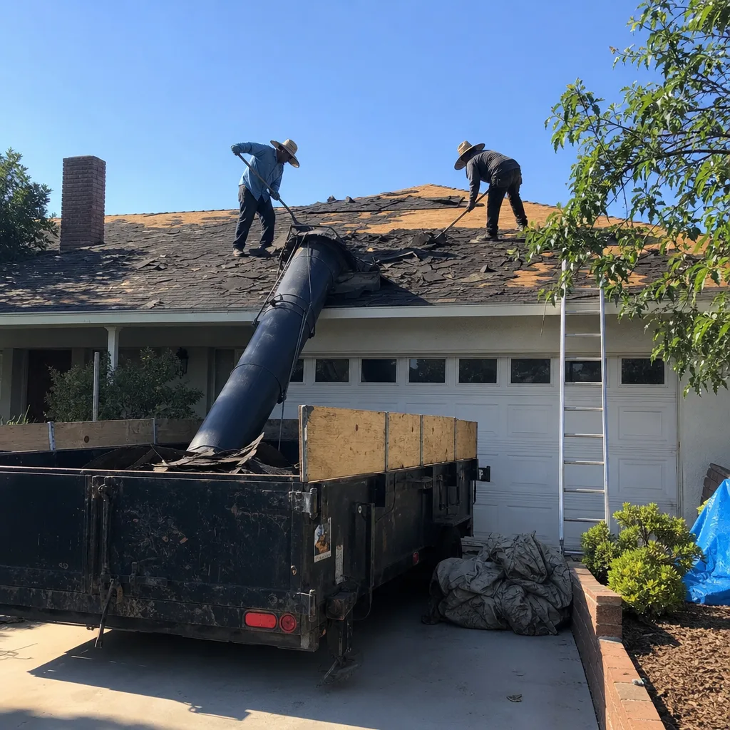professional roofers removing shingles into a debris chute trailer